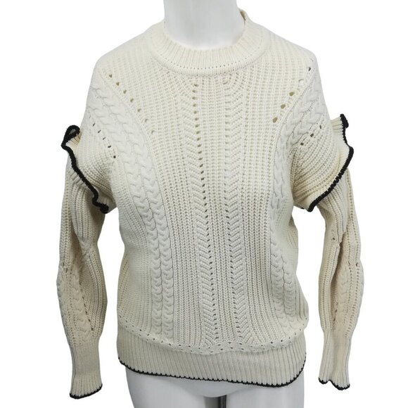 Scotch & Soda Cable Knit Sweater Size XS Ruffle Sleeve Puff Eyelet Cotton Ivory - Picture 1 of 15